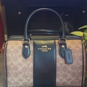 Coach Khaki Signature Canvas Satchel with Black Trim